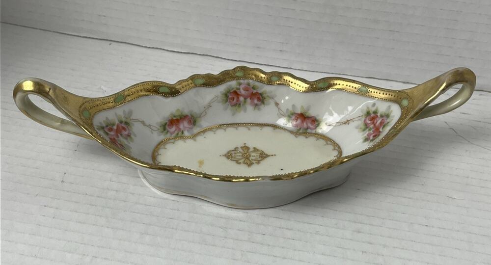 Antique Nippon Morimura CHINA RELISH DISH Pink Rose Gold Gilt Handled 9.5"